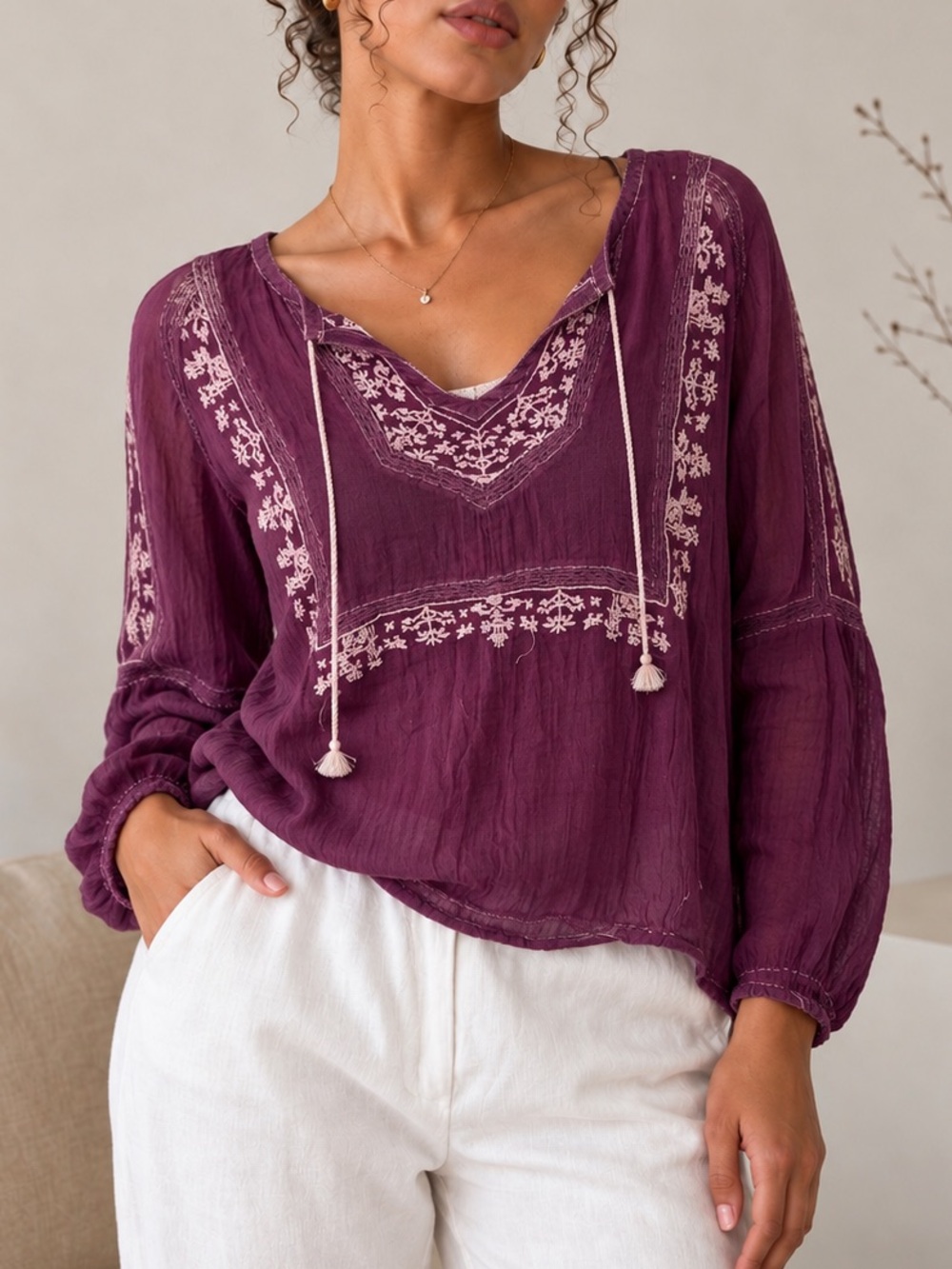 Women's Lucky Brand Embroidered Peasant Top in Plum